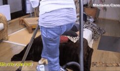 Madame Caren lazy slave get sucked by vacuum cleaner while vacuuming studio foot cam