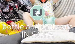 Bottle and cartoons in sofa
