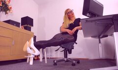 616 White stiletto heels dangling, MILF secretary in black pantyhose, classy (classic) shiny nylon fetish, shiny pantyhose, thick legs, blonde in eye glasses, office fantasy play