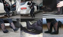 Long-legged Beauty in very high heels pedal pumping and walking