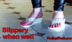 The High Heeled Princess in: Slippery when wet! - Episode 1 - starring: Vicky Heely - Part 2 - HD - High Heels Foam Flip Flop Wedges Rubber Trousers Walking on Slippery Floors - 720p - MP4