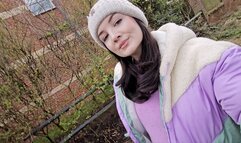 Grey leggings by the house wetting peeing