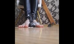 Footjob on dildo mistress latex pants feet tattoo bodymilk