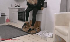 Mila tramples boxes in platform mules - topless