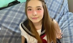 Cutie in Japanese school uniform touches your cock and gets embarrassed