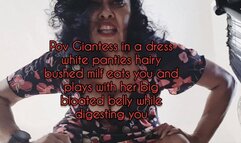 HD Pov Giantess in a dress white panties hairy bushed milf eats you and plays with her big bloated belly while digesting you