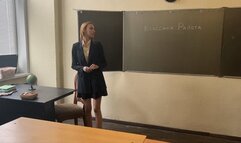 the school teacher suffers from pain in her legs, hits her sore toes on the table, and in the end her sore leg is completely crushed