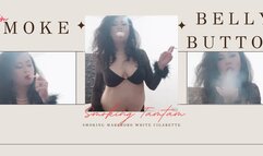 Flying smokey kiss showing belly and belly button in seethru longsleeve bra smoking Marlboro White cigarette