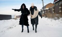 Two hot hotties in high heels slip and fall in the snow