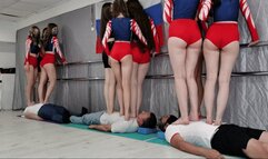 Multitrampling contest #72 (Part 1): 6 young cheerleaders + 3 mature women start trampling poor guys