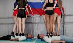 Multitrampling contest #72 (Part 2): 9 girls barefoot trampling & tormenting under sneakers & crushing men with heels