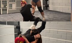 Dominant female wrestler destroys male jobber