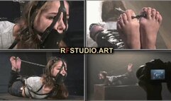 Leya - Tight Hogtie with Belts and Panel Gag with Head Harness that Pulled to Cuffed Toes (FULL HD MP4)