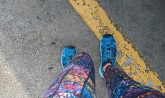 Fifi cranking in public trying to get home wearing Keen sandals Puma ankle socks and leggings