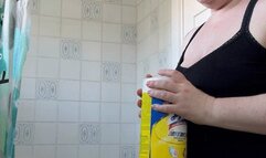 BBW MILF shows off her big booty, full bottom panties and maxi pad while cleaning the shower