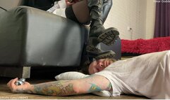 Slave's nasty face under My muddy over the knee boots