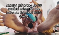 HD Smoking milf props up her wrinkled soles and rubs lotion on them foot fetish spying