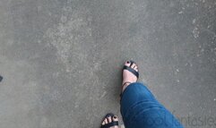 Fifi driving very fast in tight jeans with black sandal heels and black polish