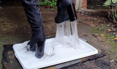 Sexy Girl Nina in high heels boots stuck in rodent glue, high heels boots stuck, boots ruined