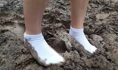 White socks in mud, dirty white socks, muddy white socks, muddy puddles socks walking