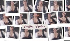 description : smoking cork in latex gloves, see thru bra and fur coat