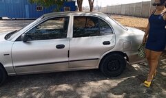 Shescamore cranking her car on sexy yellow heels