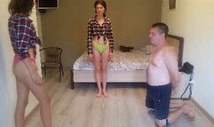 Schoolgirls kicking balls