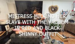 MISTRESS MILKING HER SLAVE WITH THE VACUUM IN RED AND BLACK SHINNY LEATHER POV 1
