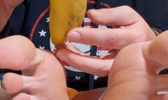 Where Does Your Cock Line Up With This Banana Against My Foot? Is it Smaller? LOL (food crush pt 3)