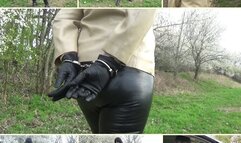 Handcuffed wife in leather leggings and jacket