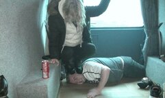 Squatting & Standing On Head In Big Boots In The Camper Van