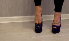 Crushing a banana in shoe and with bare feet with my blue suede platform high heel stilettos