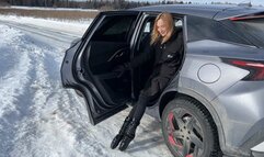 girl walks in ballet boots on the ice, her extremely high heels slip and her toes hurt a lot