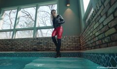 Camille in the Pool wearing a Red and Black Leather Outfit