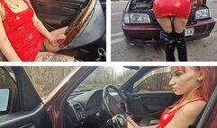 Latex babe is thrilled with the Red Old Mercedes