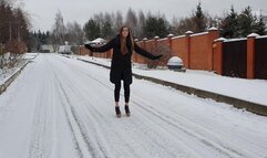 Jeffrey Campbell Skate Shoes on ice, slippy heelless shoes on ice, girl in heels on ice