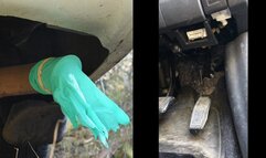 2 Dress shoes rev gas pedal to pop dirty latex gloves