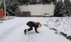 Sexy Nina in Zanotti heelless shoes on very slippy road, platform shoes on ice, heelless shoes on ice