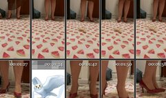 Crunchy bread crushed in red pumps