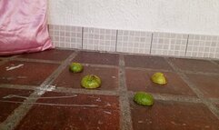 Shescamore crushing fruits under her sexy heels and barefoot