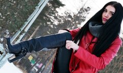 Long-legged beauty in high heels, walking and driving, pedal pumping