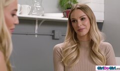 Busty blonde lesbians lick pussy at work