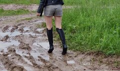 Nina is walking barefoot in mud, barefoot muddy walk, muddy feet, dirty feet, girl in mud