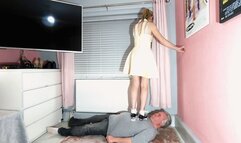 Danielle Trampling In Her Beige Dress Flat Mary Janes & Frilly Socks