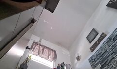 Under barefoot stomping Giantess in a dress upskirt pov Cleaning her kitchen ,washing dishes and preparing a sandwich