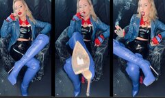 Smoking 2 Marlboro 100 at once in full leather and blue boots