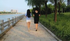 Martina walks outside with friend ledi