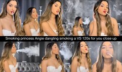 Smoking princess Angie dangling smoking a VS 120s for you close up in a lovely white dress! Nose exhales, multi pumps, side view