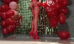 very long heels poping red balloons