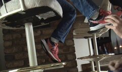 Red New Balance Barstool shoe and sock worship